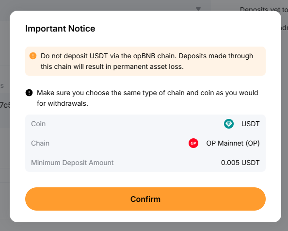 A cryptocurrency deposit notice warning 'Do not deposit USDT via the opBNB chain' with details showing USDC/USDT on OP Mainnet (OP) chain.