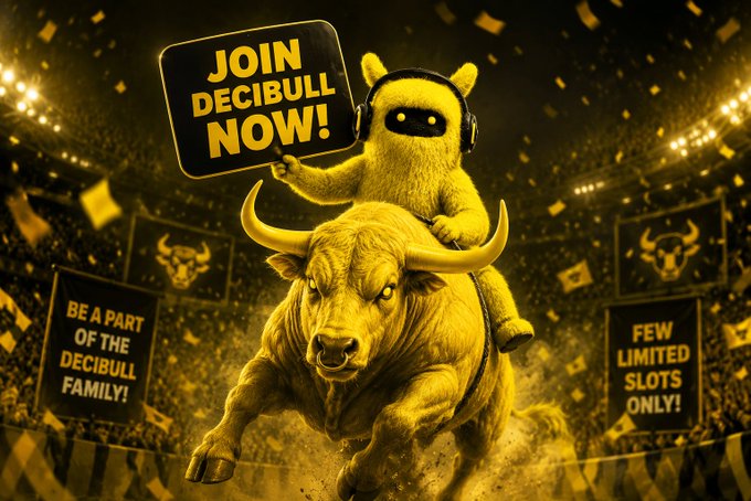 A promotional advertisement featuring a golden llama-like mascot riding a charging bull, with signs reading 'JOIN DECIBULL NOW!', 'BE A PART OF THE DECIBULL FAMILY!', and 'FEW LIMITED SLOTS ONLY!'.