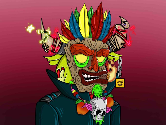 A vibrant cartoon illustration of a voodoo shaman with a colorful feathered headdress, glowing eyes, and a wooden mask face, adorned with skulls and tribal jewelry.