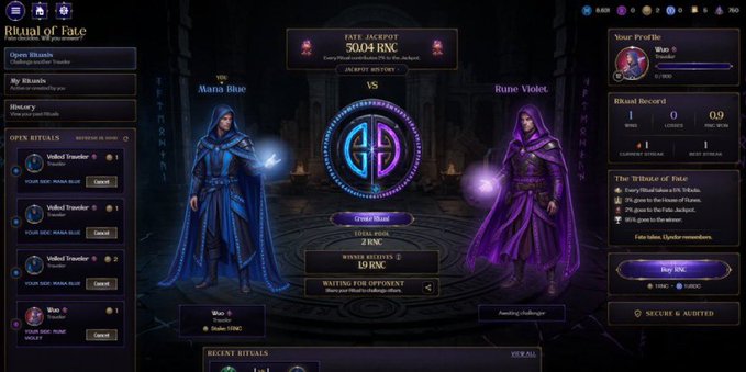 Screenshot of a 'Ritual of Fate' game lobby showing two characters, 'Mana Blue' and 'Rune Violet,' facing off in a battle with a 5004 RNC Fate Jackpot.