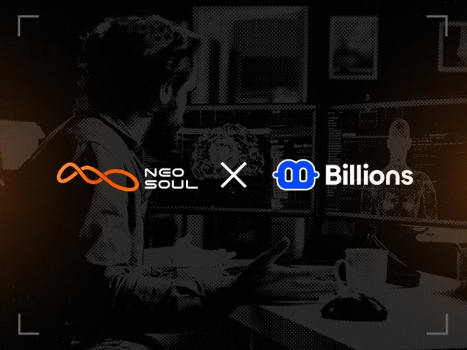 A dark-toned image featuring a person at a desk with multiple monitors displaying data and 3D models, overlaid with the logos "NEO SOUL" (infinity symbol) × "Billions" alongside a white "X" indicating a partnership, visually representing the collaboration between Neo Soul and Billions Network to create a verified AI agent trading pilot.