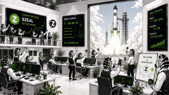 The image depicts a bustling mission control-style trading floor where zebras in suits celebrate as a rocket labeled "Z" launches, with screens displaying "LAUNCH INITIATED $ZEAL TO THE MOON," a countdown clock at "T-00:00:10" with "ALL SYSTEMS GO," and metrics showing a 120.45% price increase, 15,230 holders, and $8,532,420 in liquidity—visually reinforcing the post's message about the $ZEAL token launch on Robinhood Chain and its fee-driven, automated Zcash reserve mechanism.