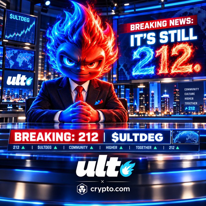 A stylized breaking news graphic featuring a fiery anime-style news anchor with the text 'BREAKING NEWS: IT'S STILL 212.', '$ULTDEG', and 'ult x crypto.com' branding.