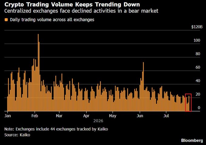 A Bloomberg chart titled 'Crypto Trading Volume Keeps Trending Down' shows daily trading volume across 44 centralized exchanges tracked by Kaiko, declining from peaks near $120B to under $20B through July 2026.