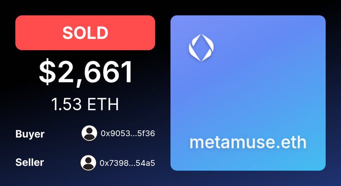 A digital sale record showing "SOLD" for $2,661 (1.53 ETH) of "metamuse.eth" with buyer and seller wallet addresses visible.