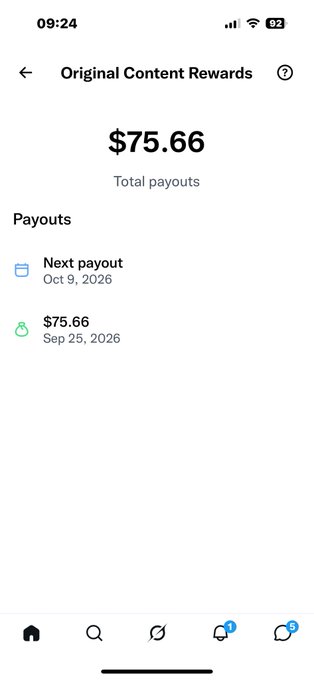 A mobile screenshot of 'Original Content Rewards' showing total payouts of $75.66, with a previous payout on Sep 25, 2026, and a next payout scheduled for Oct 9, 2026.