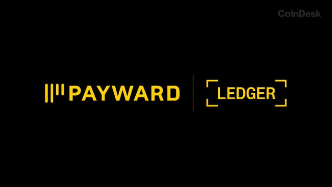 The image displays the logos of Payward and Ledger side by side in yellow text on a black background, with a CoinDesk watermark in the upper right corner. This visual represents the partnership announcement between Kraken's parent company Payward and hardware wallet provider Ledger to enable cold storage for tokenized stocks.