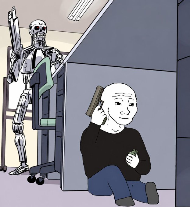 The image is a meme combining the "Wojak" and "Terminator" characters, with a skeletal T-800 endoskeleton Terminator lurking menacingly in the background while holding a large futuristic shotgun, and a bald Wojak character sitting on the floor in the foreground, hiding behind a desk and aiming a small pistol while clutching what appears to be an egg or grenade. The scene visually represents the post's tone: the Wojak positions himself as the scrappy underdog preparing to ambush a larger threat ("no scope this jeet"), with the Terminator embodying the imposing, unstoppable force—fitting the finance-bro bravado of someone hyping up rate hikes and ready to take down a short seller or rival trader. No text, numbers, or tickers are visible in the image itself, and the meme's humor comes from Wojak's confident yet precarious stance contrasted with the looming Skynet assassin behind him.