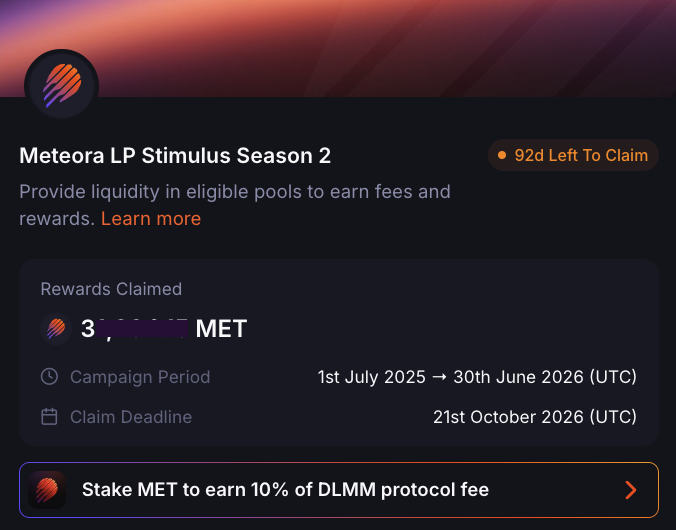 The image displays the "Meteora LP Stimulus Season 2" interface, showing claimed rewards of "3,XXX MET" and a claim deadline of "21st October 2026 (UTC)". This directly relates to the accompanying post discussing the Season 2 airdrop claim and the user's MET rewards.