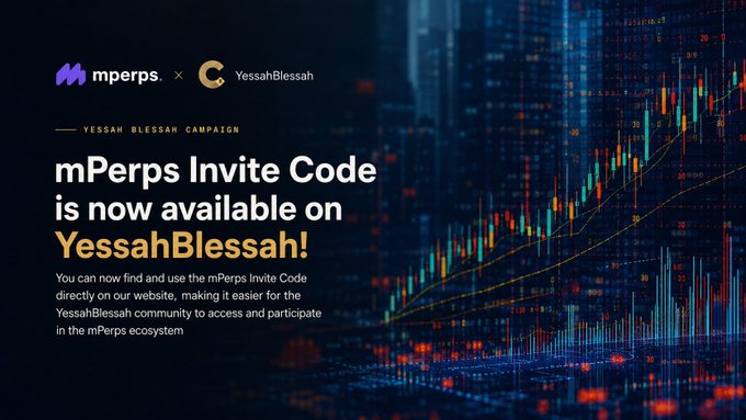 A promotional banner for the 'mPerps Invite Code' on YessahBlessah, featuring logos for mperps and YessahBlessah, with a stock chart/trading background in dark blue tones.