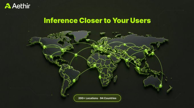 An Aethir promotional graphic showing a green world map with network nodes and connections, with text reading 'Inference Closer to Your Users' and '200+ Locations · 94 Countries'.