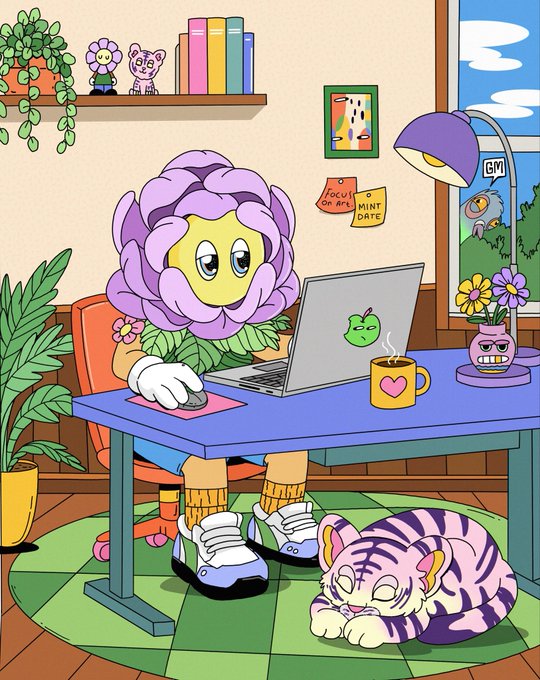 An illustration depicts an anthropomorphic purple flower character with a yellow face working on a laptop at a desk, accompanied by a sleeping purple-striped cat and surrounded by plants and wall notes reading 'FOCUS ON ART' and 'MINT DATE'.