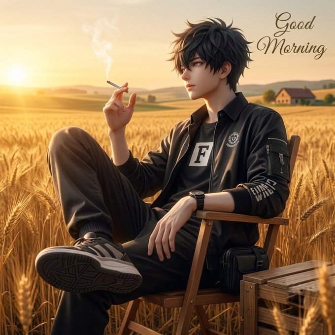 An anime-style illustration of a young man with messy black hair smoking a cigarette while sitting in a wheat field at sunset, with 'Good Morning' text in the corner.