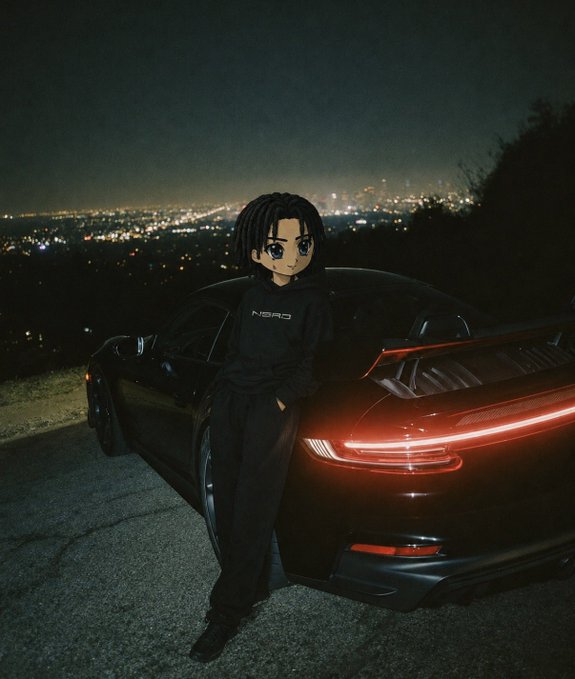 A chibi-styled anime figure with dreadlocks stands leaning against the back of a black sports car at night, overlooking a glowing city skyline, with "NBRD" printed on her hoodie. The stylized, energetic vibe matches the post's upbeat Friday giveaway energy, promoting a $100 cash app prize to active followers.
