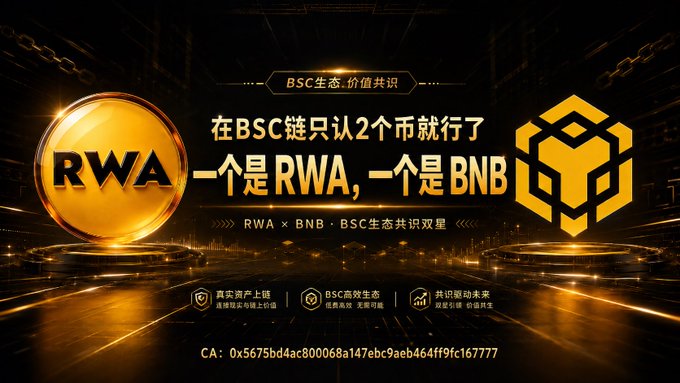 A gold-themed promotional graphic featuring a large "RWA" coin on the left and a BNB Chain logo on the right, with Chinese text declaring "On the BSC chain, just recognize 2 coins: RWA and BNB" (在BSC链只认2个币就行了 一个是RWA, 一个是BNB), alongside the contract address "CA: 0x5675bd4ac800068a147ebc9aeb4644f9fc167777," visually reinforcing the post's message that BNB and RWA are the two essential pillars of the BSC ecosystem.