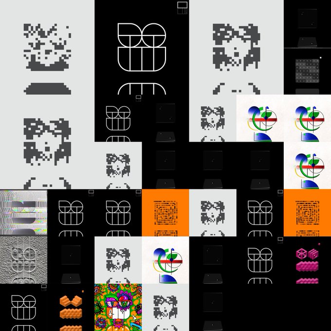 A collage of various pixel art and abstract digital designs featuring stylized faces, geometric patterns, and QR code-like graphics in black, white, orange, and pink.