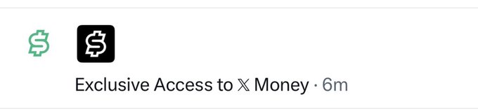 The image displays the "𝕏 Money" feature icon (a green dollar sign next to a black version with a dollar symbol) with the text "Exclusive Access to 𝕏 Money · 6m," indicating a six-month exclusive access period to X's new money feature. This relates to the post announcing the arrival of X Money, with the icon highlighting the premium requirement that's reportedly frustrating creators excluded from monetization rewards.