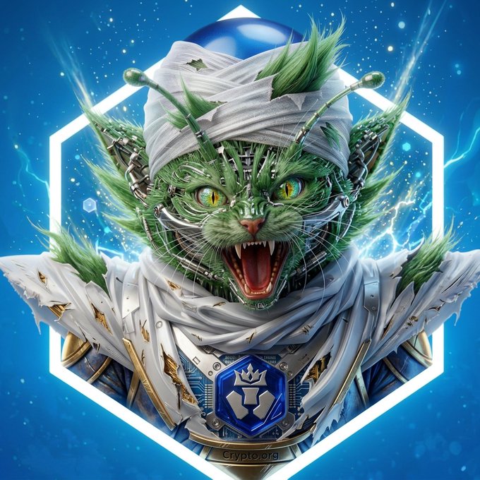 A fierce, cybernetic green cat with metallic antennae roars, wrapped in tattered white bandages and wearing a blue shield emblem reading 'Crypto.org' against a blue, tech-themed background.