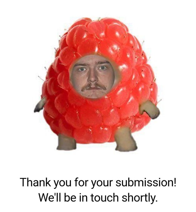 The image features an advertisement with a man dressed as a raspberry wearing a costume. The caption reads "Thank you for your submission! We'll be in touch shortly." This suggests that the person who created this image might have been involved in some sort of contest or competition, possibly related to raspberries or other fruits.