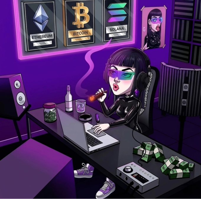 Illustration of a purple-haired woman smoking a cigar while using a laptop in a neon-lit room decorated with Ethereum, Bitcoin, and Solana posters, with stacks of money and a jar of cannabis on the desk.