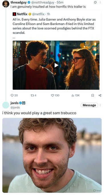 A screenshot of a Twitter/X post by @nothreadguy commenting on a Netflix trailer starring Julia Garner and Anthony Boyle, followed by a reply from @pords showing a man's photo with the caption 'i think you would play a great sam trabucco'.