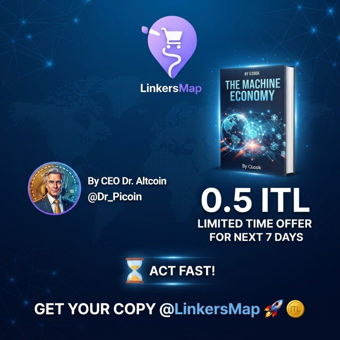 A promotional advertisement for an eBook titled "THE MACHINE ECONOMY" by @Dr_Picoin on the LinkersMap platform, featuring a "0.5 ITL" price tag and a "LIMITED TIME OFFER FOR NEXT 7 DAYS" message urging viewers to "ACT FAST!".