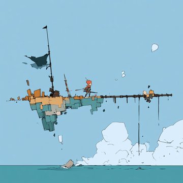 A 2D video game scene showing a red-haired character standing on a wooden platform floating in the sky above the ocean, with clouds and debris below.