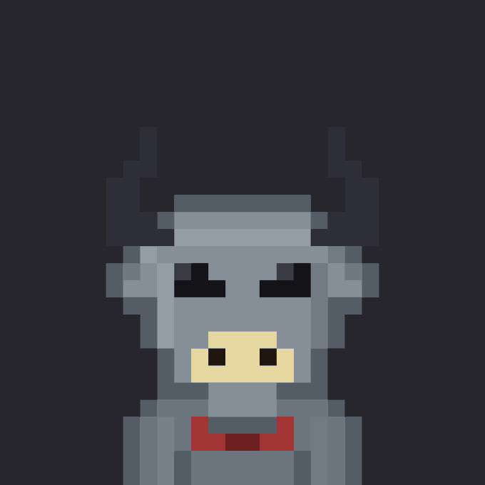 A pixel art portrait of a gray bull character with a red bowtie on a dark background.