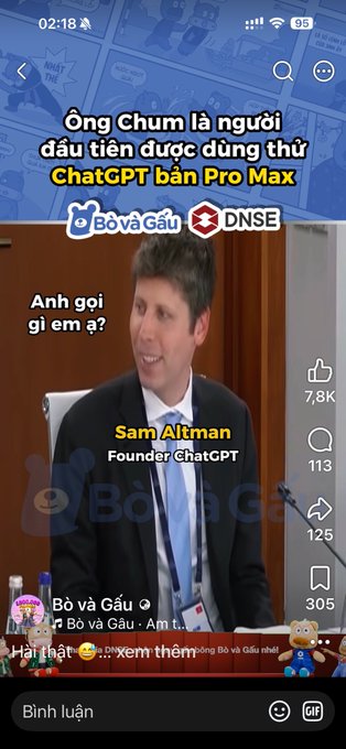 A Vietnamese TikTok video screenshot featuring Sam Altman (Founder ChatGPT) with text 'Ông Chum là người đầu tiên được dùng thử ChatGPT bản Pro Max' and 'Anh gọi gì em ạ?'