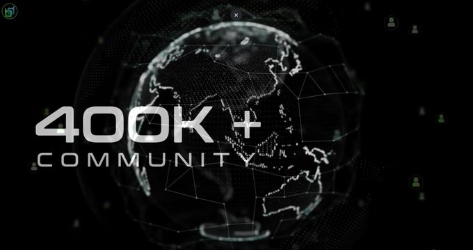 A digital graphic displays '400K+ COMMUNITY' over a wireframe globe design on a dark background.
