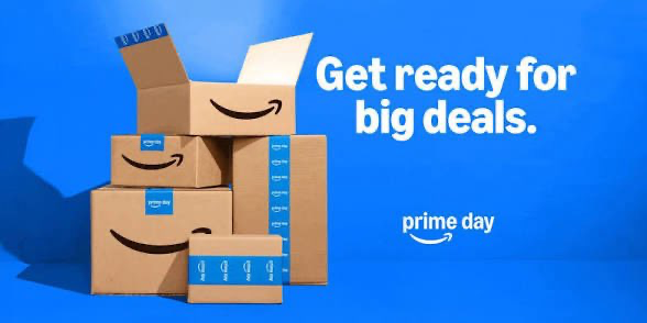 The image features a blue background with white text that reads "Get ready for big deals! Prime Day". The text also includes an image of a stack of boxes, which are part of Amazon's Prime Day promotion. The text mentions that the event is happening on June 23-26 and encourages users to focus on what is in the image and how it relates to the post.