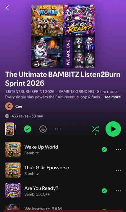 A Spotify playlist titled 'The Ultimate BAMBITZ Listen2Burn Sprint 2026' by Cee is displayed, featuring tracks like 'Wake Up World' and 'Are You Ready?' with 433 saves.
