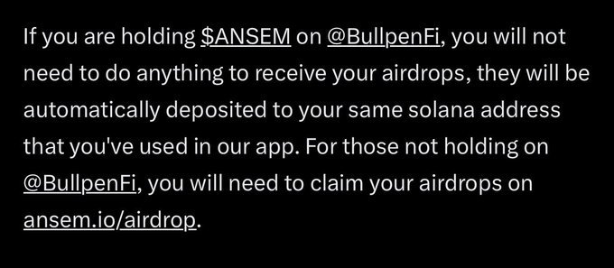 A text announcement explains that holders of $ANSEM on @BullpenFi will automatically receive airdrops, while others can claim at ansem.io/airdrop.