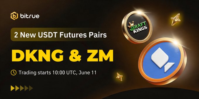 The image features a poster for Bitrue's new USDT Futures Pairs that are up to 20x leverage trading starts at 10:00 UTC, June 11th. The poster includes two gold circles with diamonds on them, one of which is labeled "DKNG" and the other "ZM". There are also some stars scattered around the poster.