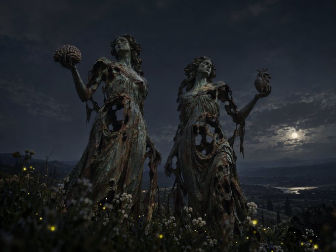 Two weathered, ancient female statues stand in a moonlit field holding symbolic objects, surrounded by glowing fireflies and overlooking a distant landscape.