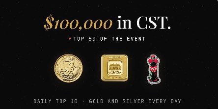 The image is a promotional graphic featuring the text "$100,000 in CST" and "TOP 50 OF THE EVENT," showcasing three prizes—a walking liberty silver dollar, a gold bar marked "100 MILLION," and a red voodoo doll—along with the details "DAILY TOP 10 · GOLD AND SILVER EVERY DAY." It highlights a prize event tied to CST (Cassator's token), which aligns with the post's focus on the project's SL8 Golden Bridge and multi-chain functionality.