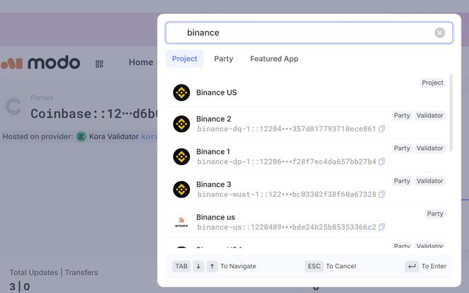 A modal search interface on the Modo platform displays results for "binance," listing various parties including Binance US, Binance 1, Binance 2, and Binance 3 with their associated validator addresses, while the background shows a Coinbase party hosted on the Kora Validator. This relates to the post's emphasis on following institutional money in crypto, as the image showcases multiple Binance entities—major centralized exchanges alongside Coinbase—highlighting the dominance of large institutional players in the cryptocurrency ecosystem.