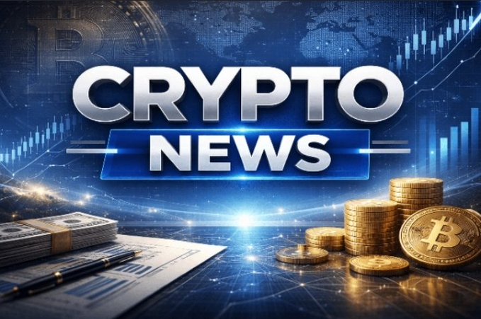 A graphic banner titled 'CRYPTO NEWS' in bold white text on a blue background, featuring Bitcoin coins, stacks of cash, financial documents, and stock chart imagery.