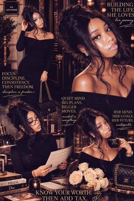 The image features a collage of four photos depicting women with different poses and outfits. The first photo shows a woman wearing a black dress standing next to a bookshelf, while the second photo depicts her sitting at a desk surrounded by various items such as a book, a cup, and a vase. The third photo captures another woman in a similar outfit, but this time she is holding a purse. The fourth photo features a woman wearing a black dress with a purse over it.

The post includes text that reads "building the life you want to live", which suggests that the images are related to a lifestyle or fashion theme. Additionally, there's a reference to a book titled "RIVER" and an advertisement for a product called "charlotte's big ben".