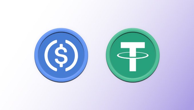 The image shows two cryptocurrency coin icons side by side: a blue USDC (USD Coin) coin on the left with its "$" logo, and a green Tether (USDT) coin on the right with its "T" logo. The post about crypto card spending hitting $1B with stablecoins powering 70%+ of everyday buys ties directly to these icons, as USDC and USDT are the two leading stablecoins driving that spending growth.