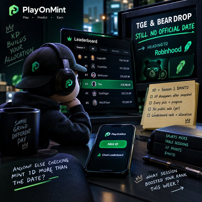 A promotional graphic for PlayOnMint showing a person at a computer with a leaderboard, displaying text 'TGE & BEAR DROP STILL NO OFFICIAL DATE' and noting it is heading to Robinhood.