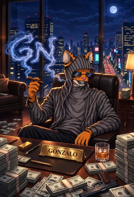 The image shows a cartoon fox in sunglasses and a striped hoodie, smoking a cigar and grinning at a desk overflowing with stacks of cash and a nameplate reading "GONZALO"—capturing the smug, victorious vibe of the post's celebration of a profitable day.