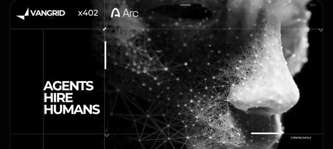 A sleek black-and-white promotional graphic with 'VANGRID x Arc' logos featuring a face overlaid with network/polygon mesh lines, displaying the tagline 'AGENTS HIRE HUMANS'.