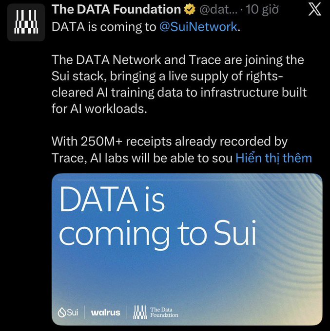 The DATA Foundation (@dat...) tweet announces DATA coming to @SuiNetwork, bringing rights-cleared AI training data to the Sui stack with 250M+ receipts from Trace.