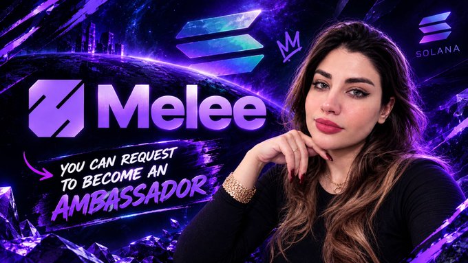 A promotional graphic for 'Melee' on Solana with the text 'YOU CAN REQUEST TO BECOME AN AMBASSADOR' featuring a woman posing against a purple cosmic background.