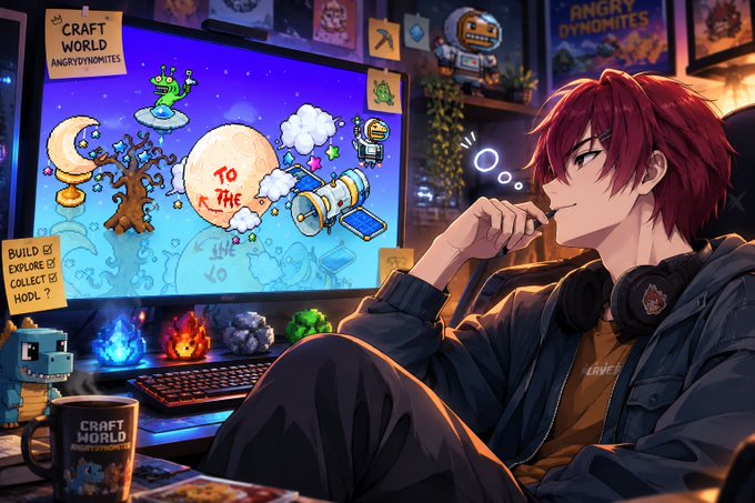 A red-haired anime character sits thoughtfully at a gaming setup displaying "Craft World" by "AngryDynomites" on the monitor, with a "MOON" target depicted alongside build/explore/collect/HODL checklist, perfectly capturing the post's theme of dreaming up new worlds in the Craft World game. A matching "Craft World AngryDynomites" coffee mug and pixelated robot figure complete the moon-soon aspirational scene.
