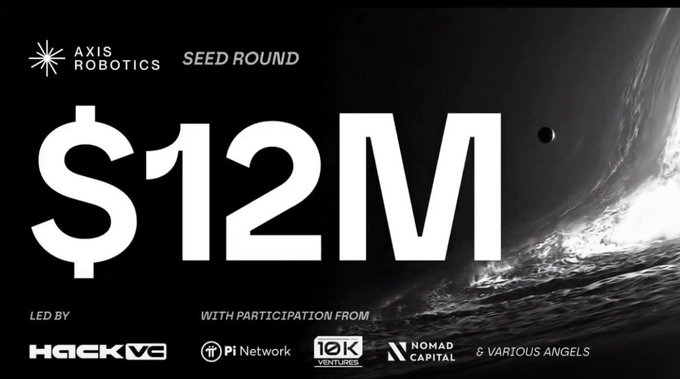 A promotional graphic announcing a $12M Seed Round for Axis Robotics, led by Hack VC with participation from Pi Network, 10K Ventures, Nomad Capital, and various angels, set against a space-themed background.