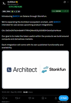 A screenshot of a social media post introduces '$ARCH on Solana through Stonkfun', mentioning plans to expand the Architect ecosystem onchain, accompanied by logos for Architect and Stonkfun.