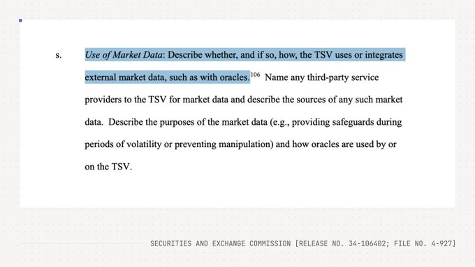 An SEC regulatory document excerpt (Release No. 34-106402; File No. 4-927) shows section "s" titled "Use of Market Data," asking trading systems to describe integration of external market data and oracles. The image illustrates the regulatory framework relevant to tokenized equity trading mentioned in the post, highlighting how SEC rules require disclosure of third-party data providers like Pyth Network, which feeds over 95% of onchain RWA perpetual volume.