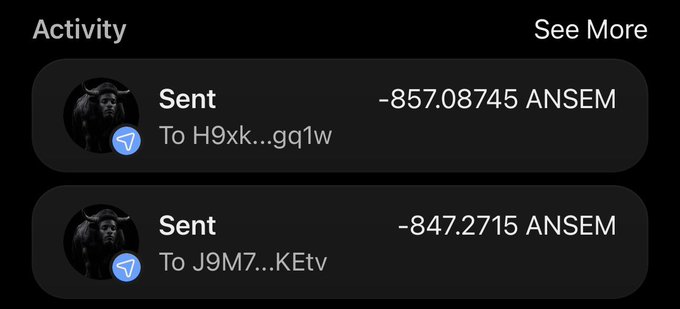 A dark-themed Activity screen shows two completed "Sent" transactions of ANSEM tokens—857.08745 to address H9xk...gq1w and 847.2715 to address J9M7...KEtv—both accompanied by a black bull profile icon, visually confirming the user's claim of airdropping $ANSEM to two recipients.